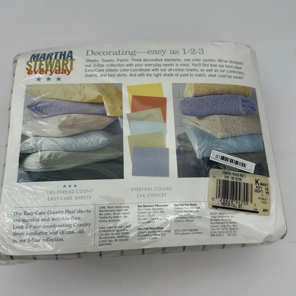 Vtg Martha Stewart Everyday Full Sheet Set 230 TC Plaid Blue Red 2001 NEW